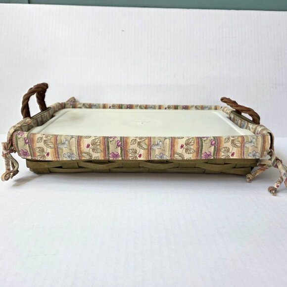 Longaberger Green Medium Serving Tray Basket Lidded Protector Stripe Liner Set - Picture 2 of 10